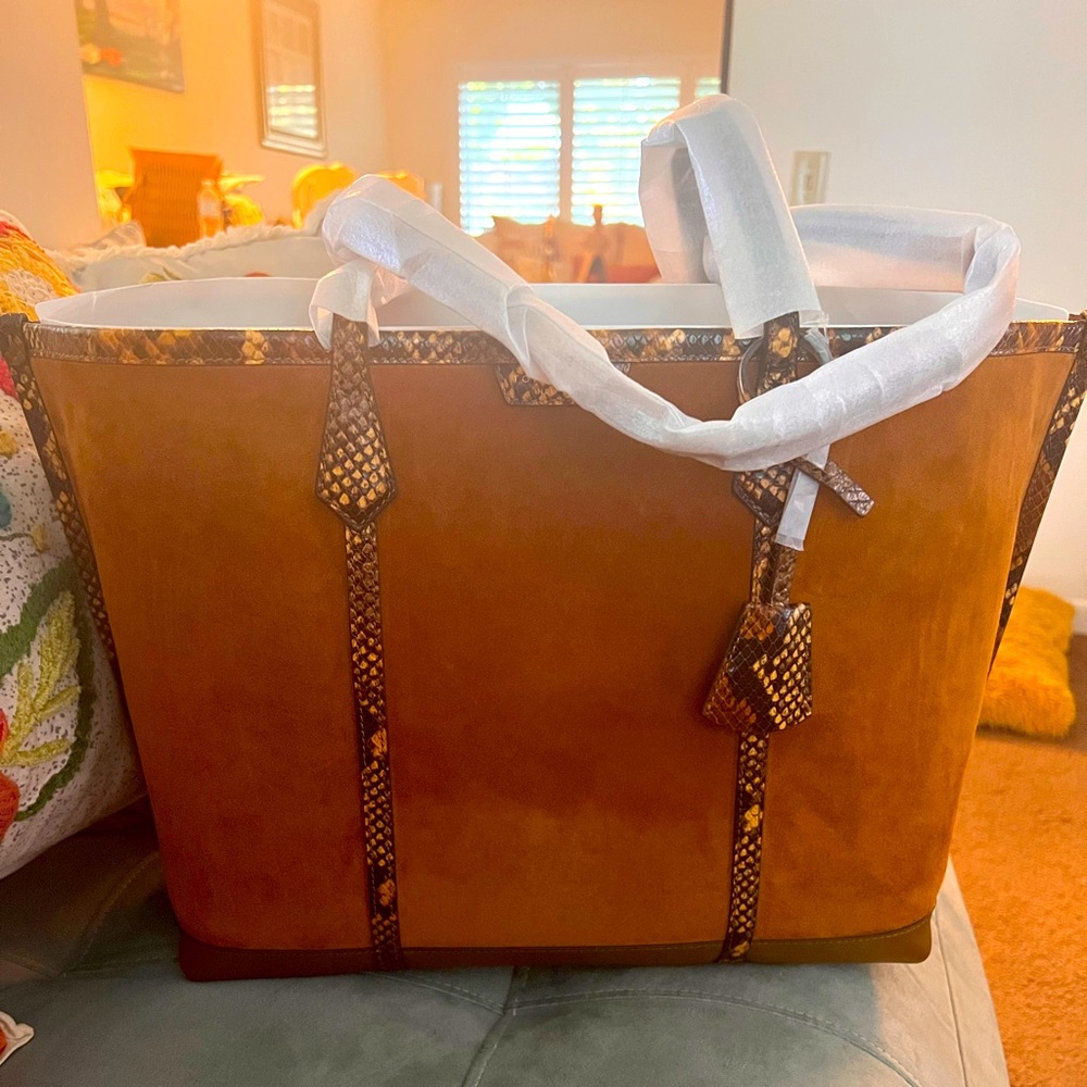 Tory Burch Tan Suede Tote with Snake-Print Trim